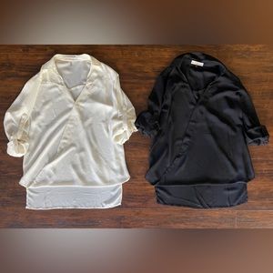 2 faux wrap semi sheer blouses, black & ivory, small